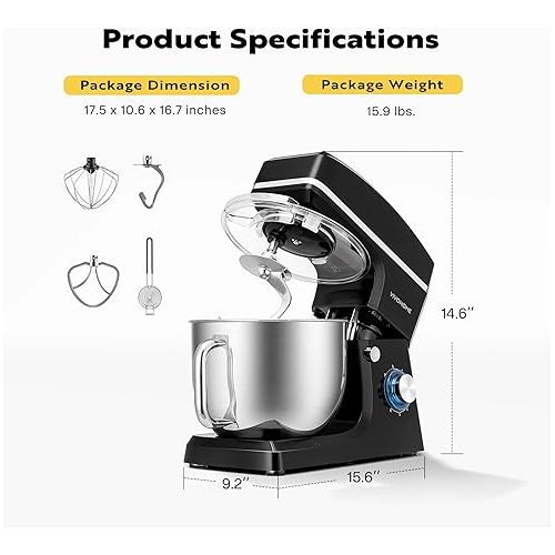 비보 VIVOHOME 7.5 Quart Stand Mixer, 660W 6-Speed Tilt-Head Kitchen Electric Food Mixer with Beater, Dough Hook, Wire Whip, and Egg Separator, Black