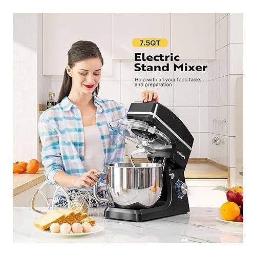 비보 VIVOHOME 7.5 Quart Stand Mixer, 660W 6-Speed Tilt-Head Kitchen Electric Food Mixer with Beater, Dough Hook, Wire Whip, and Egg Separator, Black