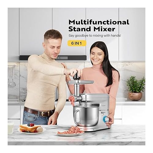 비보 VIVOHOME 6 in 1 Multifunctional Stand Mixer with 8.5 Quart Stainless Steel Bowl, 660W 10 Speed Tilt-Head Meat Grinder, Juice Blender, Vegetable Slicer, Pasta and Cookie Maker, Silver