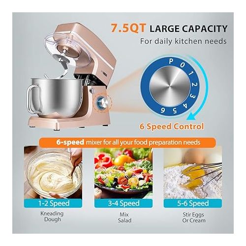 비보 VIVOHOME 7.5 Quart Stand Mixer, 660W 6-Speed Tilt-Head Kitchen Electric Food Mixer with Beater, Dough Hook, Wire Whip, and Egg Separator, Champagne