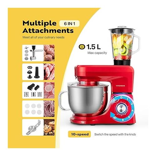 비보 VIVOHOME 6 in 1 Multifunctional Stand Mixer with 8.5 Quart Stainless Steel Bowl, 660W 10 Speed Tilt-Head Meat Grinder, Juice Blender, Vegetable Slicer, Pasta and Cookie Maker, Red