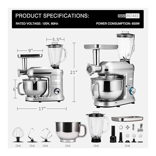 비보 VIVOHOME 3 in 1 Multifunctional Stand Mixer with 6 Quart Stainless Steel Bowl, 650W 6 Speed Tilt-Head Meat Grinder, Juice Blender, Silver