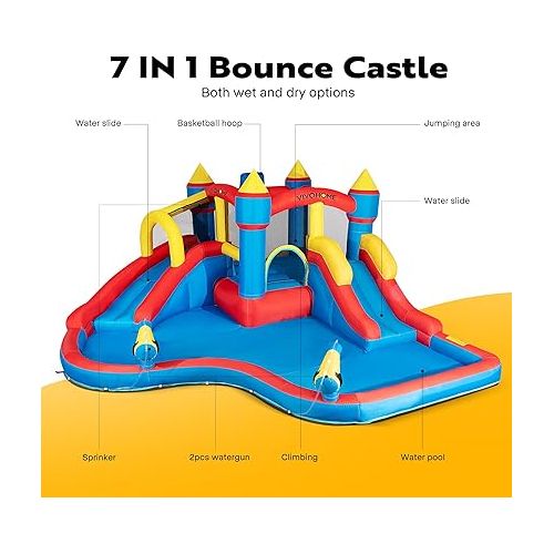 비보 VIVOHOME Inflatable Bounce House Water Bouncer Jumping Castle with 450W Air Blower, Double Water Slide, Sprinkler, Splash Pool, Basketball Hoop, Water Gun, Climbing Wall for Kids Outdoor Backyard