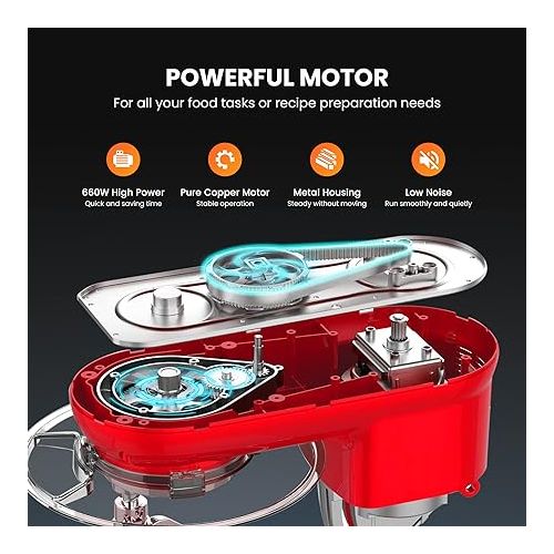 비보 VIVOHOME Stand Mixer, 660W 10 Speed 6 Quart Tilt-Head Kitchen Electric Food Mixer with Beater, Dough Hook, Wire Whip and Egg Separator, Red