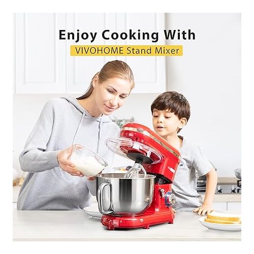 비보 VIVOHOME Stand Mixer, 660W 10 Speed 6 Quart Tilt-Head Kitchen Electric Food Mixer with Beater, Dough Hook, Wire Whip and Egg Separator, Red