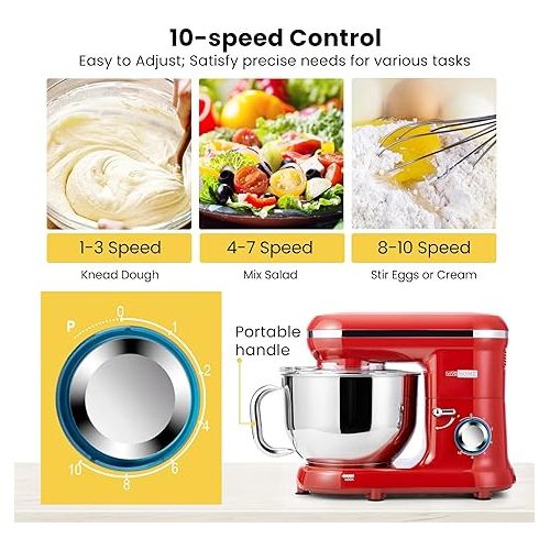 비보 VIVOHOME Stand Mixer, 660W 10 Speed 6 Quart Tilt-Head Kitchen Electric Food Mixer with Beater, Dough Hook, Wire Whip and Egg Separator, Red