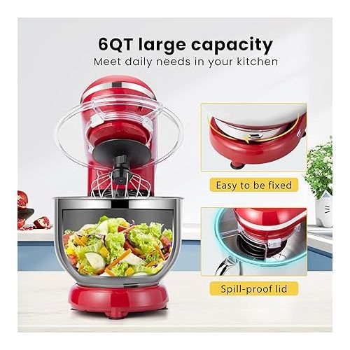 비보 VIVOHOME Stand Mixer, 660W 10 Speed 6 Quart Tilt-Head Kitchen Electric Food Mixer with Beater, Dough Hook, Wire Whip and Egg Separator, Red