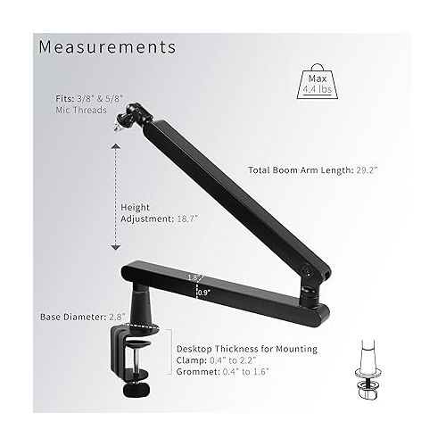 비보 VIVO Low Profile Broadcast/Podcast Microphone Boom Arm Stand with 3/8 and 5/8 inch Screw Adapter, Heavy Duty Desk Mount, Professional Mic Stand with 360 Rotation, Black, STAND-MIC03L