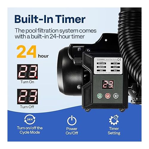 비보 VIVOHOME 16-Inch Sand Filter Pump with Timer 3167 GPH Fits 14100 Gallons Above Ground Pool, 6 Way Valve 90.4 Pound Sand Capacity w/ 2 Adapter Conversion Kit for Intex Pools