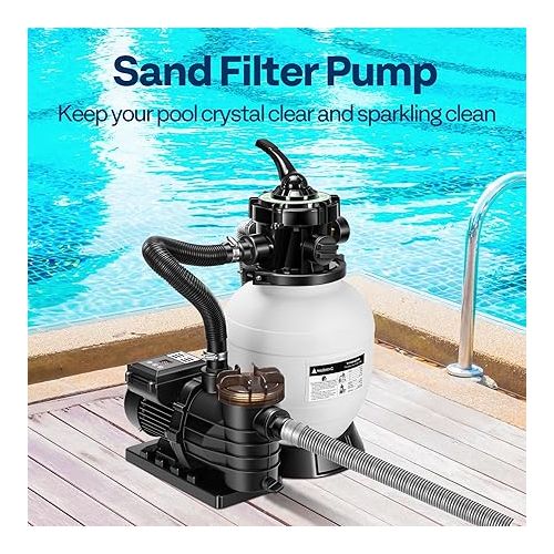 비보 VIVOHOME 16-Inch Sand Filter Pump with Timer 3167 GPH Fits 14100 Gallons Above Ground Pool, 6 Way Valve 90.4 Pound Sand Capacity w/ 2 Adapter Conversion Kit for Intex Pools