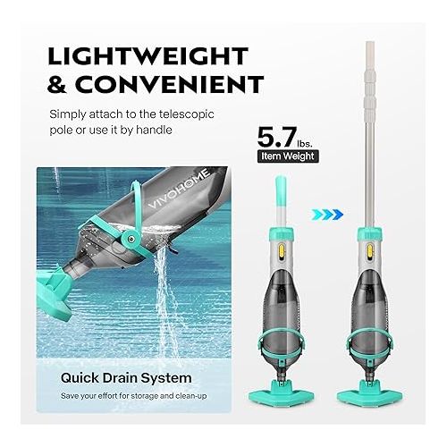 비보 VIVOHOME Cordless Pool Vacuum with Telescopic Pole, Powerful Suction up to 18.5 GPM, 60 Mins Running Time, Handheld Rechargeable Swimming Pool Cleaner for Pools/Spas/Hot Tubs