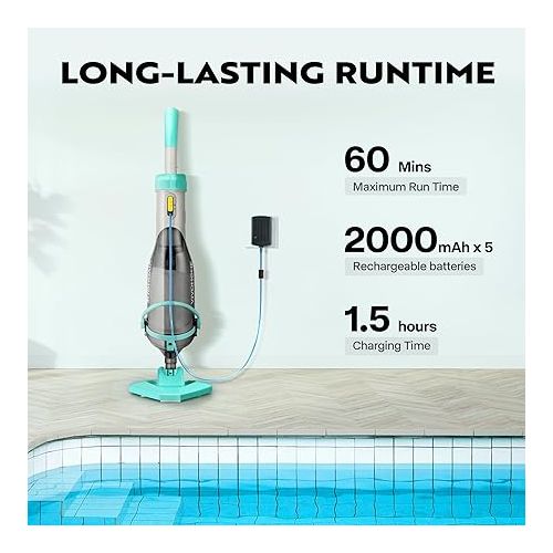 비보 VIVOHOME Cordless Pool Vacuum with Telescopic Pole, Powerful Suction up to 18.5 GPM, 60 Mins Running Time, Handheld Rechargeable Swimming Pool Cleaner for Pools/Spas/Hot Tubs