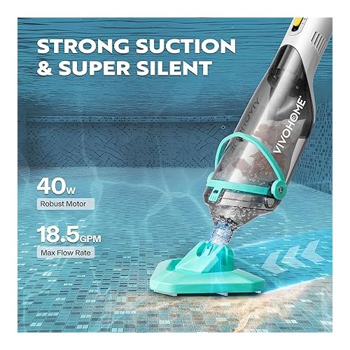 비보 VIVOHOME Cordless Pool Vacuum with Telescopic Pole, Powerful Suction up to 18.5 GPM, 60 Mins Running Time, Handheld Rechargeable Swimming Pool Cleaner for Pools/Spas/Hot Tubs