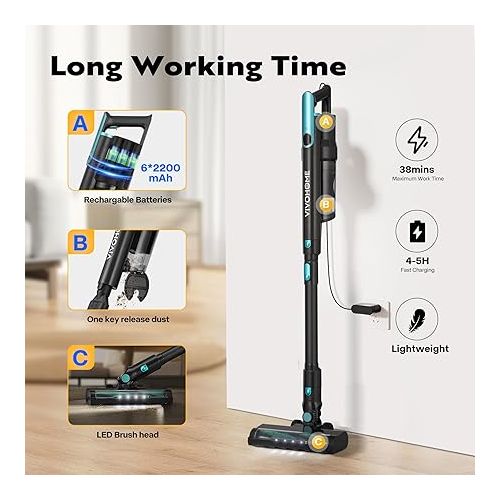 비보 VIVOHOME Cordless Vacuum Cleaner 22.5Kpa Powerful Stick Vacuum with 3 Suction Modes, Max 38 Minutes Runtime, Lightweight Handheld Vacuum for Hard Floors, Sofas, Carpets