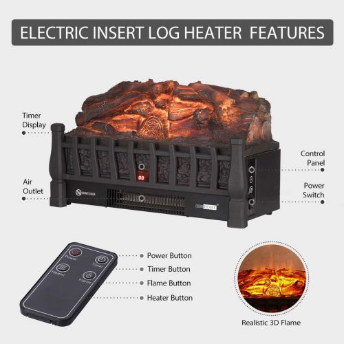 비보 VIVOHOME 110V Electric Fireplace Insert Log Quartz Realistic Ember Bed Fan Heater with Infrared Remote Controller Black