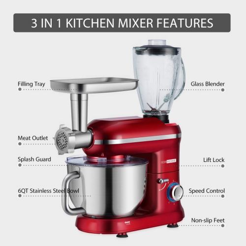 비보 VIVOHOME 3 in 1 Multifunctional Stand Mixer with 6 Quart Stainless Steel Bowl, 650W 6-Speed Tilt-Head Meat Grinder Juice Blender, Red