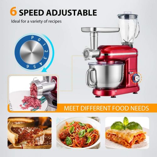 비보 VIVOHOME 3 in 1 Multifunctional Stand Mixer with 6 Quart Stainless Steel Bowl, 650W 6-Speed Tilt-Head Meat Grinder Juice Blender, Red