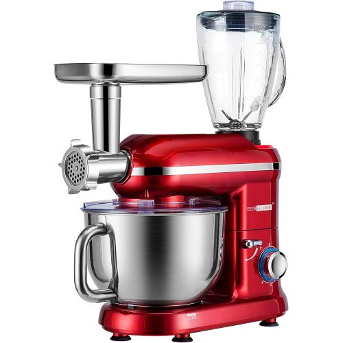 비보 VIVOHOME 3 in 1 Multifunctional Stand Mixer with 6 Quart Stainless Steel Bowl, 650W 6-Speed Tilt-Head Meat Grinder Juice Blender, Red