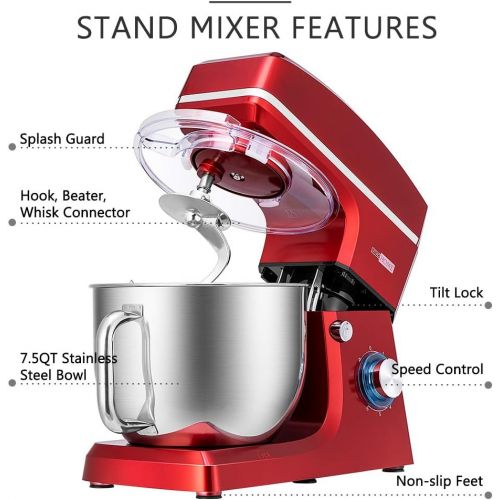 비보 VIVOHOME 7.5 Quart Stand Mixer, 660W 6-Speed Tilt-Head Kitchen Electric Food Mixer with Beater, Dough Hook and Wire Whip, Red