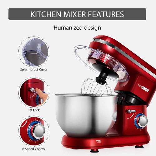 비보 VIVOHOME Stand Mixer, 650W 6 Speed 6 Quart Tilt-Head Kitchen Electric Food Mixer with Beater, Dough Hook and Wire Whip, Red