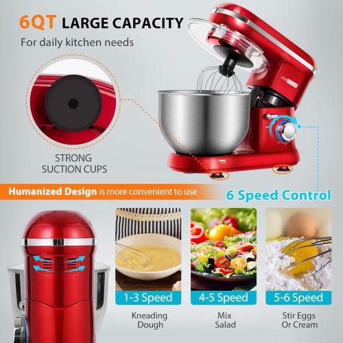 비보 VIVOHOME Stand Mixer, 650W 6 Speed 6 Quart Tilt-Head Kitchen Electric Food Mixer with Beater, Dough Hook and Wire Whip, Red