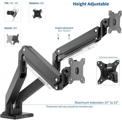 비보 VIVO Premium Aluminum Heavy Duty Arm, Standard and Widescreen Dual Monitor Desk Mount with Instant Pneumatic Spring Height Adjustment, USB 3.0, VESA Stand fits 2 Screens up to 32 i