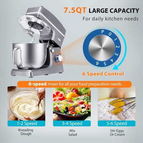 비보 [아마존베스트]VIVOHOME 7.5 Quart Stand Mixer, 660W 6-Speed Tilt-Head Kitchen Electric Food Mixer with Beater, Dough Hook and Wire Whip, ETL Listed, Champagne