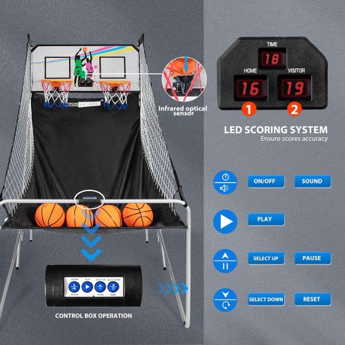 비보 VIVOHOME Foldable Dual Shot Basketball Arcade Game Electronic for 2 Players with 8 Game Modes, 4 Balls and LED Scoring System Arcade Sounds Kids Adults Indoor Outdoor