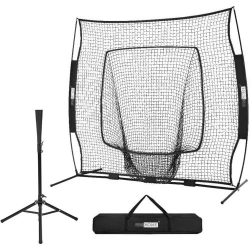 비보 VIVOHOME 7 x 7 Feet Baseball Backstop Softball Practice Net with Strike Zone Target Tee and Carry Bag for Batting Hitting and Pitching