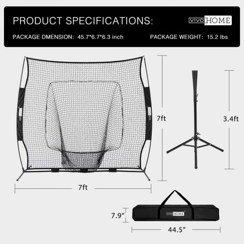 비보 VIVOHOME 7 x 7 Feet Baseball Backstop Softball Practice Net with Strike Zone Target Tee and Carry Bag for Batting Hitting and Pitching