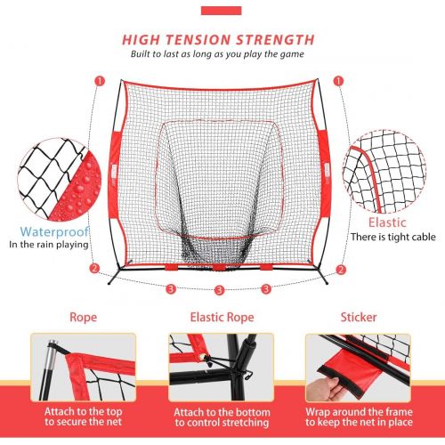 비보 VIVOHOME 7 x 7 Feet Baseball Backstop Softball Practice Net with Strike Zone Target Tee and Carry Bag for Batting Hitting and Pitching