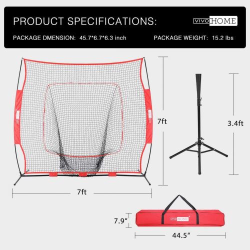 비보 VIVOHOME 7 x 7 Feet Baseball Backstop Softball Practice Net with Strike Zone Target Tee and Carry Bag for Batting Hitting and Pitching