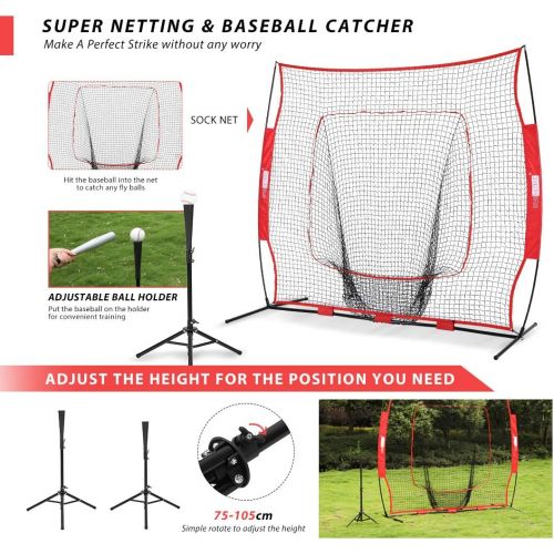 비보 VIVOHOME 7 x 7 Feet Baseball Backstop Softball Practice Net with Strike Zone Target Tee and Carry Bag for Batting Hitting and Pitching