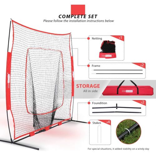 비보 VIVOHOME 7 x 7 Feet Baseball Backstop Softball Practice Net with Strike Zone Target Tee and Carry Bag for Batting Hitting and Pitching