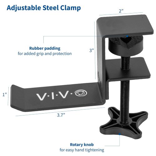 비보 VIVO Black Metal Clamp-on Headphone Holder | Under Desk Mount Headset Hook Clip with Adjustable Clamp (MOUNT-HDPH01)
