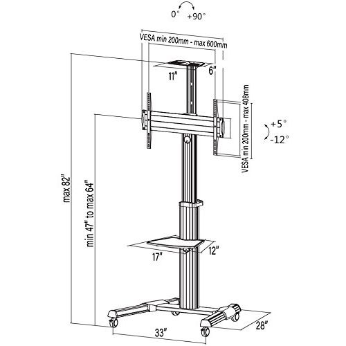 비보 VIVO Ultra Heavy Duty TV Cart for Flat Screen Panel Mobile Rolling Stand w/Dual Shelves and 3 Wheels/fits 37 to 70 (STAND-TV09)