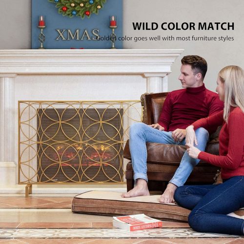 비보 VIVOHOME Log Quartz Fireplace Fan Heater and Single Panel Wrought Iron Fireplace Screen Gold