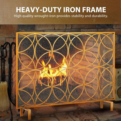 비보 VIVOHOME Log Quartz Fireplace Fan Heater and Single Panel Wrought Iron Fireplace Screen Gold
