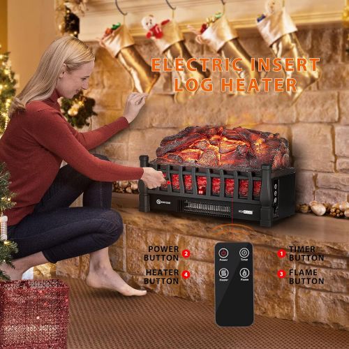 비보 VIVOHOME 110V Electric Fireplace Insert Log Quartz Realistic Ember Bed Fan Heater with Infrared Remote Controller Black