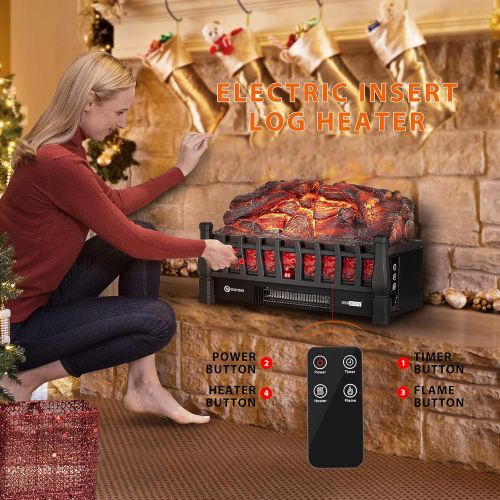 비보 VIVOHOME 110V Electric Fireplace Insert Log Quartz Realistic Ember Bed Fan Heater with Infrared Remote Controller Black