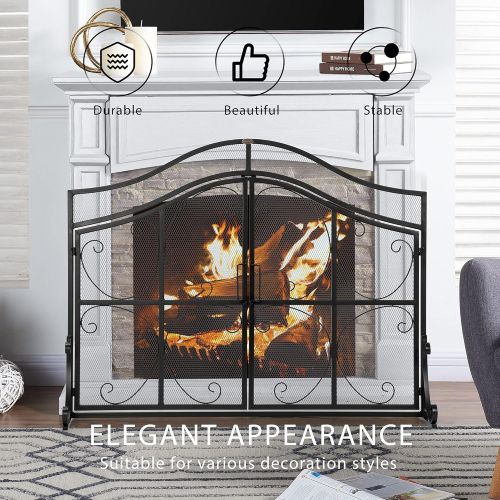 비보 VIVOHOME 43.3 x 34 Inch Wrought Iron Fireplace Screen with Doors Metal Decorative Mesh Fire Spark Large Flat Guard Gate Cover Fireplace Barrier Panels Black