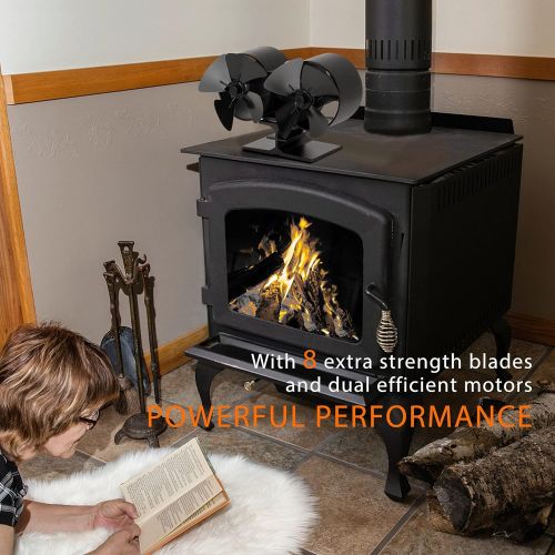 비보 VIVOHOME Aluminum 8 Blade Double Motor Heat Powered Fireplace Stove Fan with Thermometer for Wood Log Burning and Circulating Warm