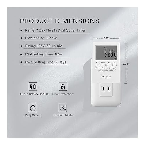  VIVOSUN 7 Day Programmable Digital Timer with Dual Outlet, 20 On/Off UL Listed Heavy Duty Plug-in Outlet Timer with Countdown Setting, Indoor for Lamp, Fan, Heater, Humidifiers, Aquarium (2 Pack)