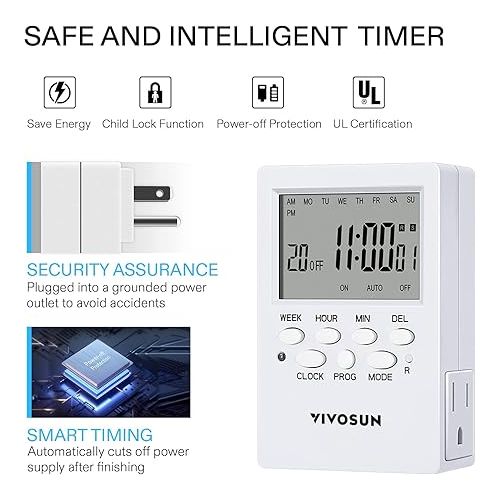  VIVOSUN 7 Day Programmable Digital Timer with Dual Outlet, 20 On/Off UL Listed Heavy Duty Plug-in Outlet Timer with Countdown Setting, Indoor for Lamp, Fan, Heater, Humidifiers, Aquarium (2 Pack)