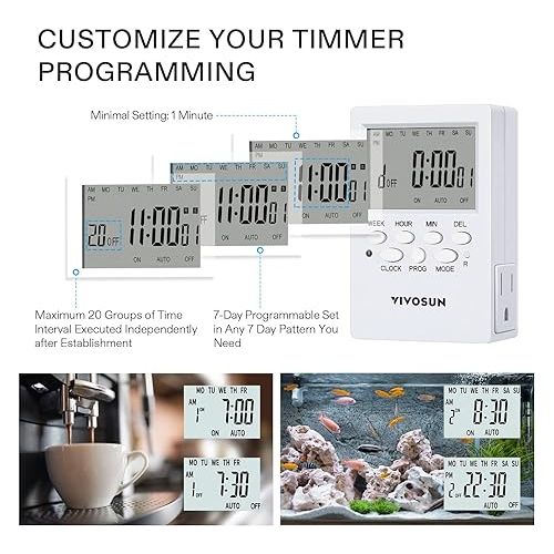  VIVOSUN 7 Day Programmable Digital Timer with Dual Outlet, 20 On/Off UL Listed Heavy Duty Plug-in Outlet Timer with Countdown Setting, Indoor for Lamp, Fan, Heater, Humidifiers, Aquarium (2 Pack)