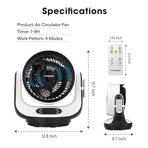  VIVOSUN 13 Inch Air Circulator Fan, 45W Strong Wind Floor Fan, Oscillating Table Fan, 3 Speeds Settings, with Remote Control for Home, Dorm, Office, ETL Certified