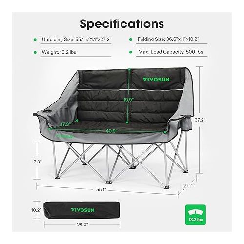  VIVOSUN Double Camping Chair, Fully Padded Folding Loveseat, Oversized Duo Chair with Cup & Wine Glass Holders, Pocket, Armrests & Carry Bag, Supports up to 500lbs