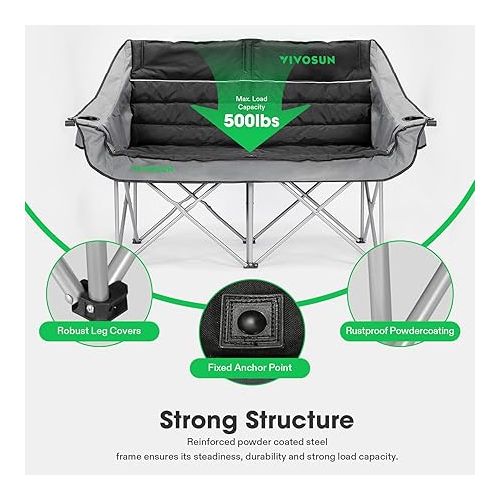  VIVOSUN Double Camping Chair, Fully Padded Folding Loveseat, Oversized Duo Chair with Cup & Wine Glass Holders, Pocket, Armrests & Carry Bag, Supports up to 500lbs