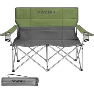 VIVOSUN Double Camping Chair, Fully Padded Folding Loveseat, Portable Oversized Duo Chair with Storage Cup Holders, Height-Adjustable Armrests & Carry Bag, Supports up to 500lbs, Green & Grey
