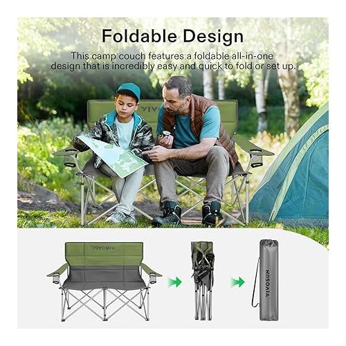  VIVOSUN Double Camping Chair, Fully Padded Folding Loveseat, Portable Oversized Duo Chair with Storage Cup Holders, Height-Adjustable Armrests & Carry Bag, Supports up to 500lbs, Green & Grey